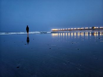 Rear view of woman standing at beach against sky