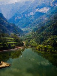 Scenic view of lake by mountains