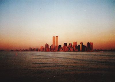 City skyline at sunset