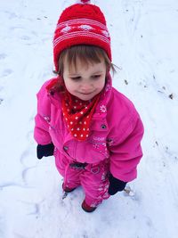 High angle view of girl in snow