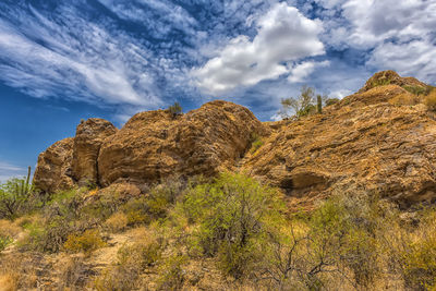 Rock formations on landscape against sky