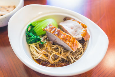 High angle view of soup in bowl on table