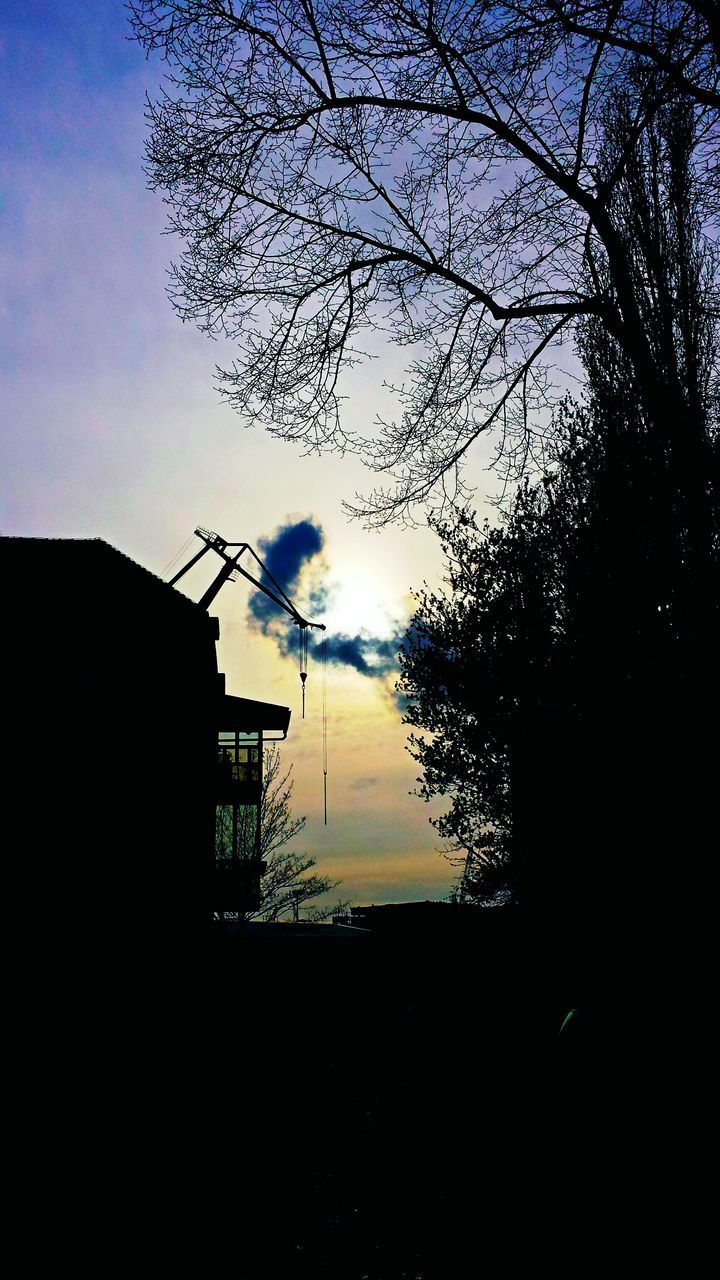 silhouette, sky, sunset, built structure, architecture, water, building exterior, tree, nature, cloud - sky, tranquility, beauty in nature, dusk, house, scenics, outdoors, tranquil scene, no people, branch, sun