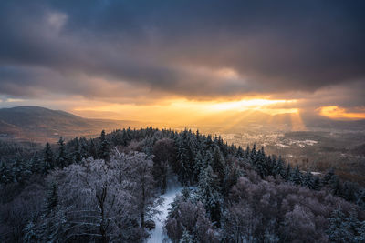 Scenic view of mountains against sky during sunset