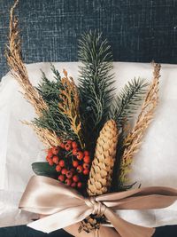 High angle view of food with plant parts on table