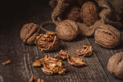 Close-up of walnuts on wooden table