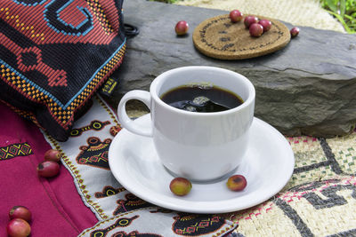 High angle view of coffee on table