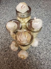 High angle view of glass jar on table