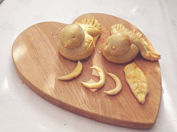 High angle view of cookies in plate on table