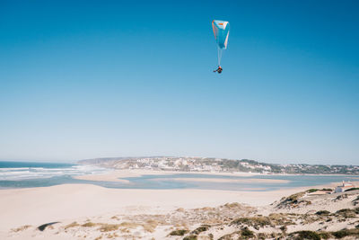 Scenic view of sea against clear blue sky