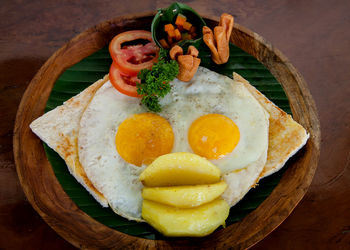 High angle view of breakfast served on table