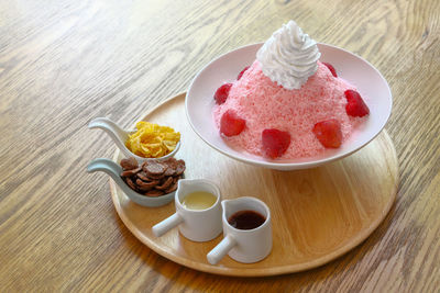 High angle view of dessert on table