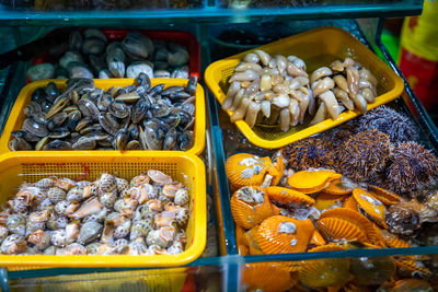 High angle view of food for sale at market stall