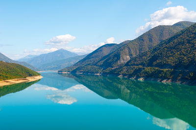 Scenic view of lake and mountains against sky