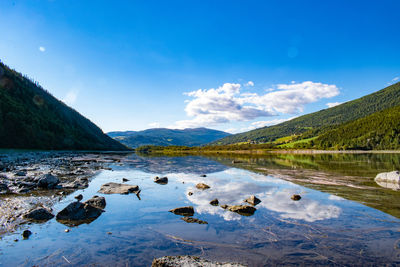 Scenic view of lake and mountains against blue sky