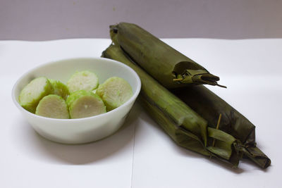 High angle view of fruits in bowl on table