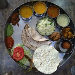 High angle view of food served on table