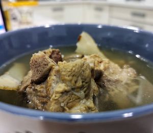 Close-up of soup in bowl on table