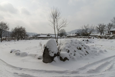 Snow covered landscape against sky