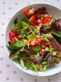 High angle view of salad in plate on table