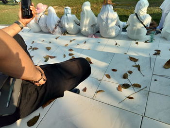 High angle view of people on table