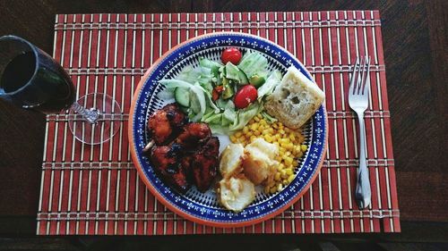 Close-up of served food on table