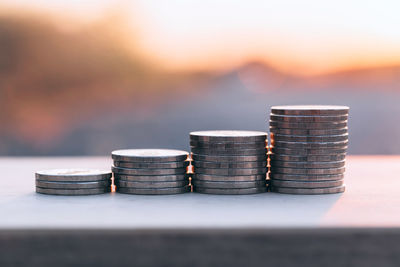 Close-up of a stack on table