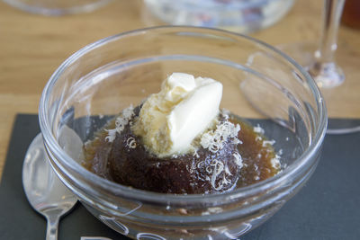 Close-up of ice cream in bowl on table