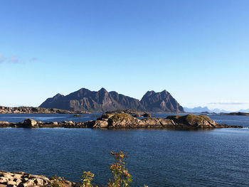 Scenic view of sea against clear blue sky