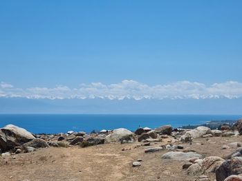 Scenic view of beach against blue sky