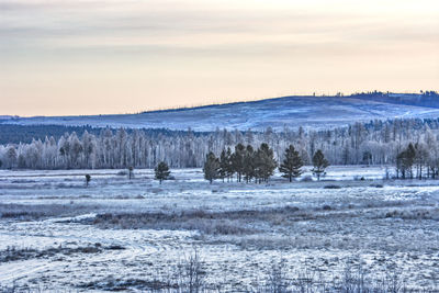 Scenic view of snow covered land against sky during sunset