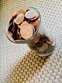 High angle view of coins