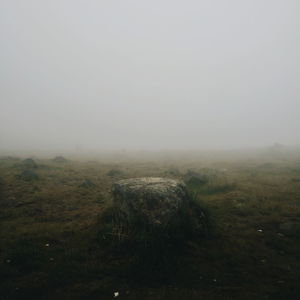 Scenic view of landscape against sky during foggy weather