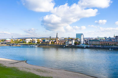 The banks of the rhine in düsseldorf and a bird's eye view of the city