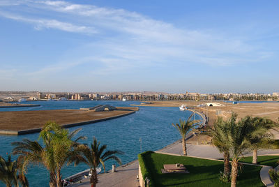 Scenic view of bay against sky