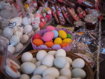 Close-up of multi colored candies for sale at market stall