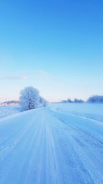 Scenic view of snow covered field against blue sky