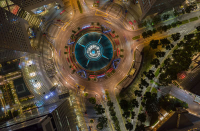 High angle view of illuminated buildings at night