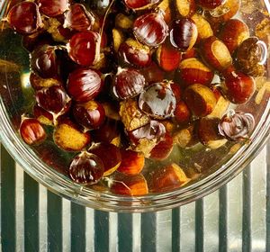 High angle view of fruits in jar on table