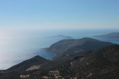 Scenic view of sea and mountains against sky