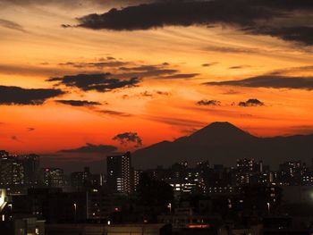 Aerial view of city at sunset