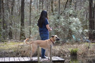 Woman with dog standing in forest