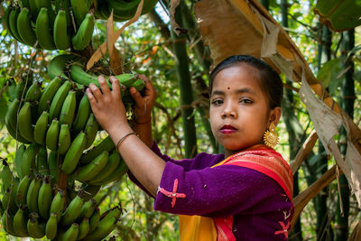 An indian tribal teenage girl is collecting bananas from a deep forest.