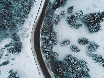 High angle view of snow covered land