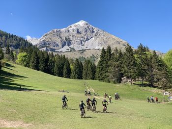 People on field by mountain against clear sky