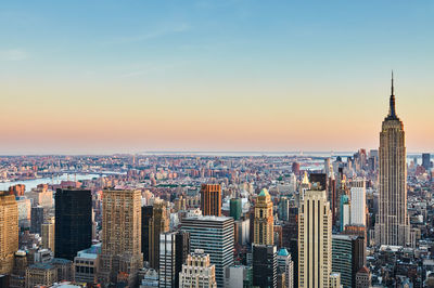 Horizontal shot of new york city from above at sunset