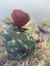 High angle view of man in hat