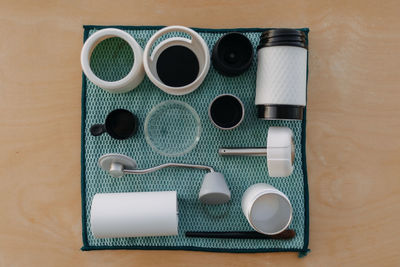 High angle view of beauty products on table