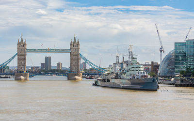 London bridge and hm belfast viewed on the river thames