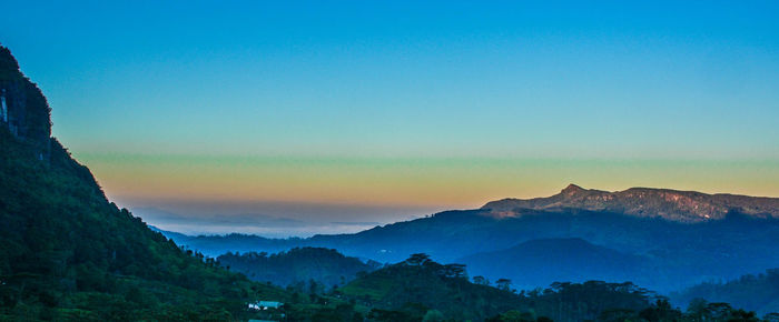 Scenic view of mountains against clear blue sky